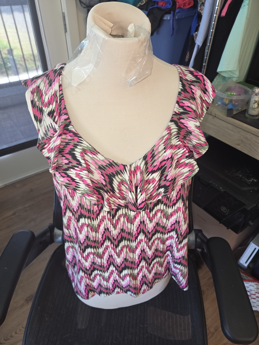 LOFT Pink Black White Patterned Ruffle V-Neck Camisole